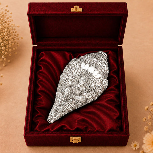 999 Silver-Plated Ganesha Shankh | Premium Gift Box | 14x8 CM