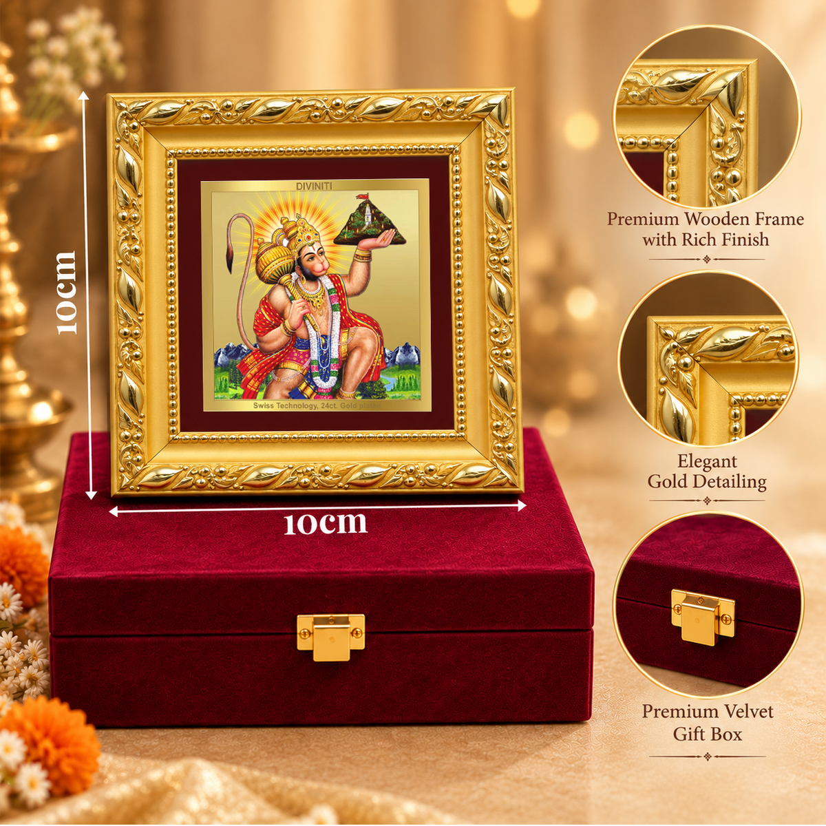 24K Gold-Plated Lord Hanuman with Sanjeevani Mountain Frame | Premium Gift Box | 10x10 CM