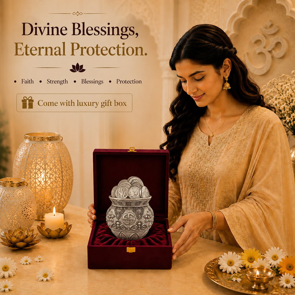 999 Silver-Plated Antique Lakshmi Coin Kalash | Premium Gift Box | 11x9 CM