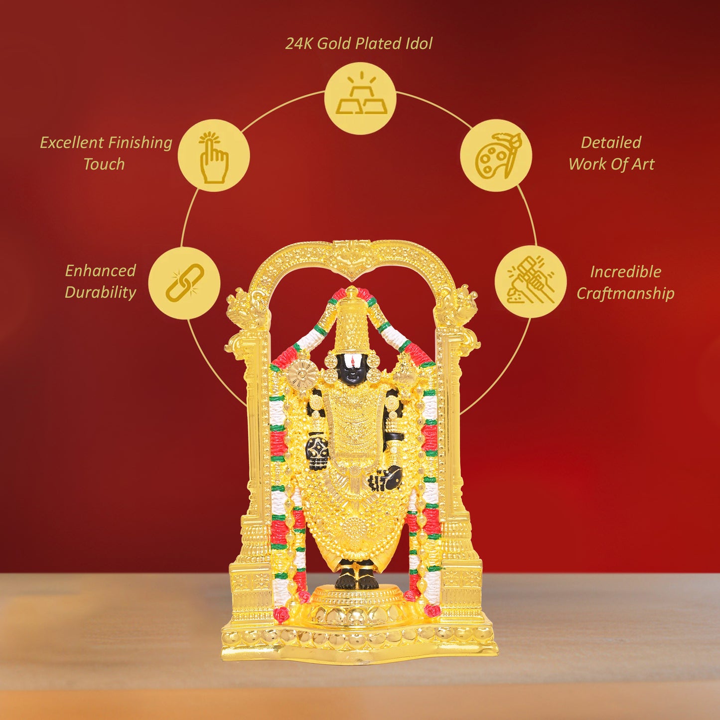 DIVINITI 24K Gold Plated Lord Tirupati Balaji Idol Statue Exquisite Divine Statue for Car Dashboard, Home Office Décor Tabletop, Pooja Room & Gift (21x14 CM)