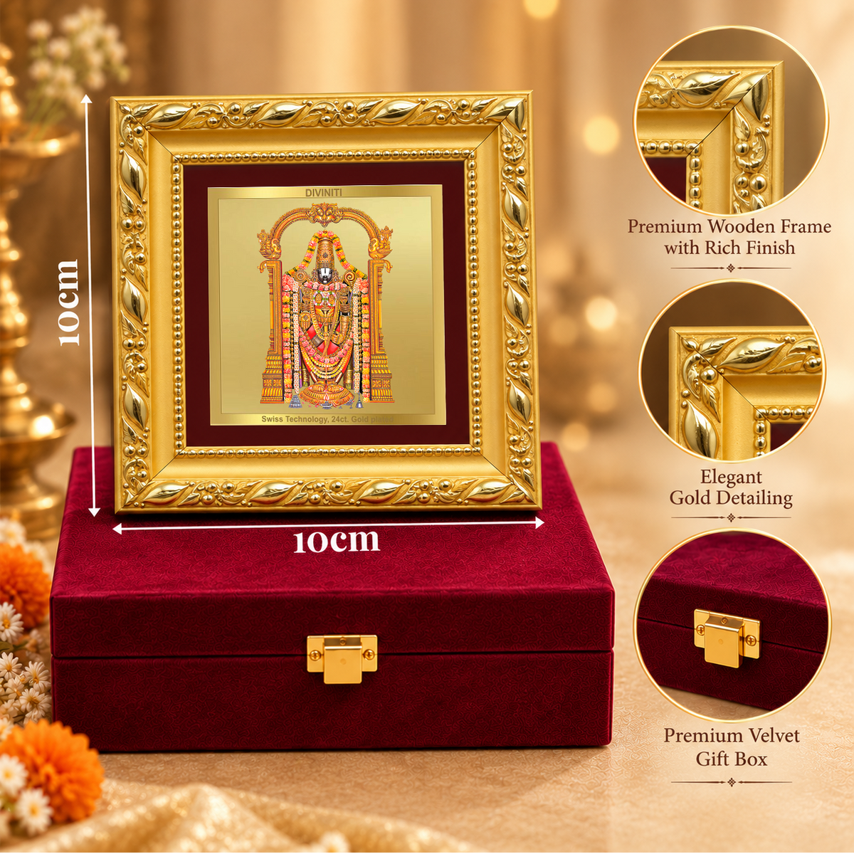 24K Gold-Plated Lord Tirupati Balaji Frame | Premium Gift Box | 10x10 CM