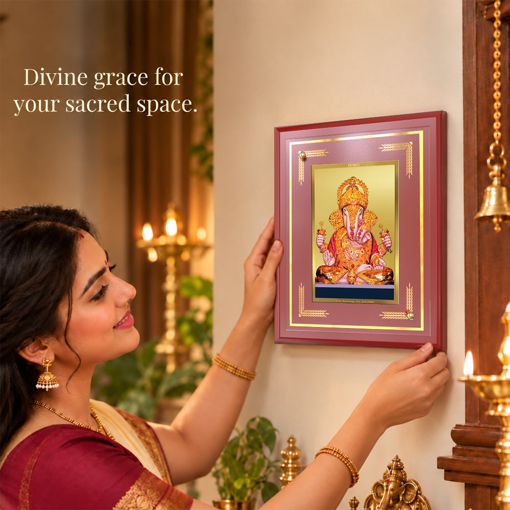 24K Gold-Plated Ganesha Dagadu Ganesha MDF Frame | Premium Gift Box | 26x20 CM