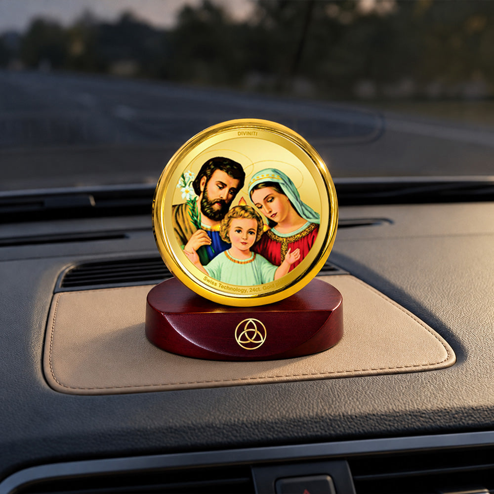 24K Gold-Plated Holy Family Car Dashboard Frame | 5x5 CM