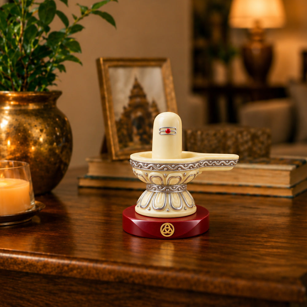 999 Silver-Plated Shivling Resin Idol for Car Dashboard & Home Decor | Premium Gift Box | 8x8 CM