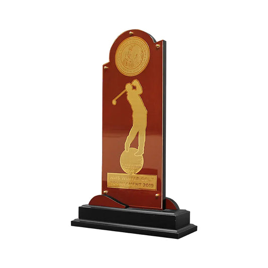 Luxury 24K Gold Plated FGolf Trophy | Custom Foil Award with MDF Wood Base