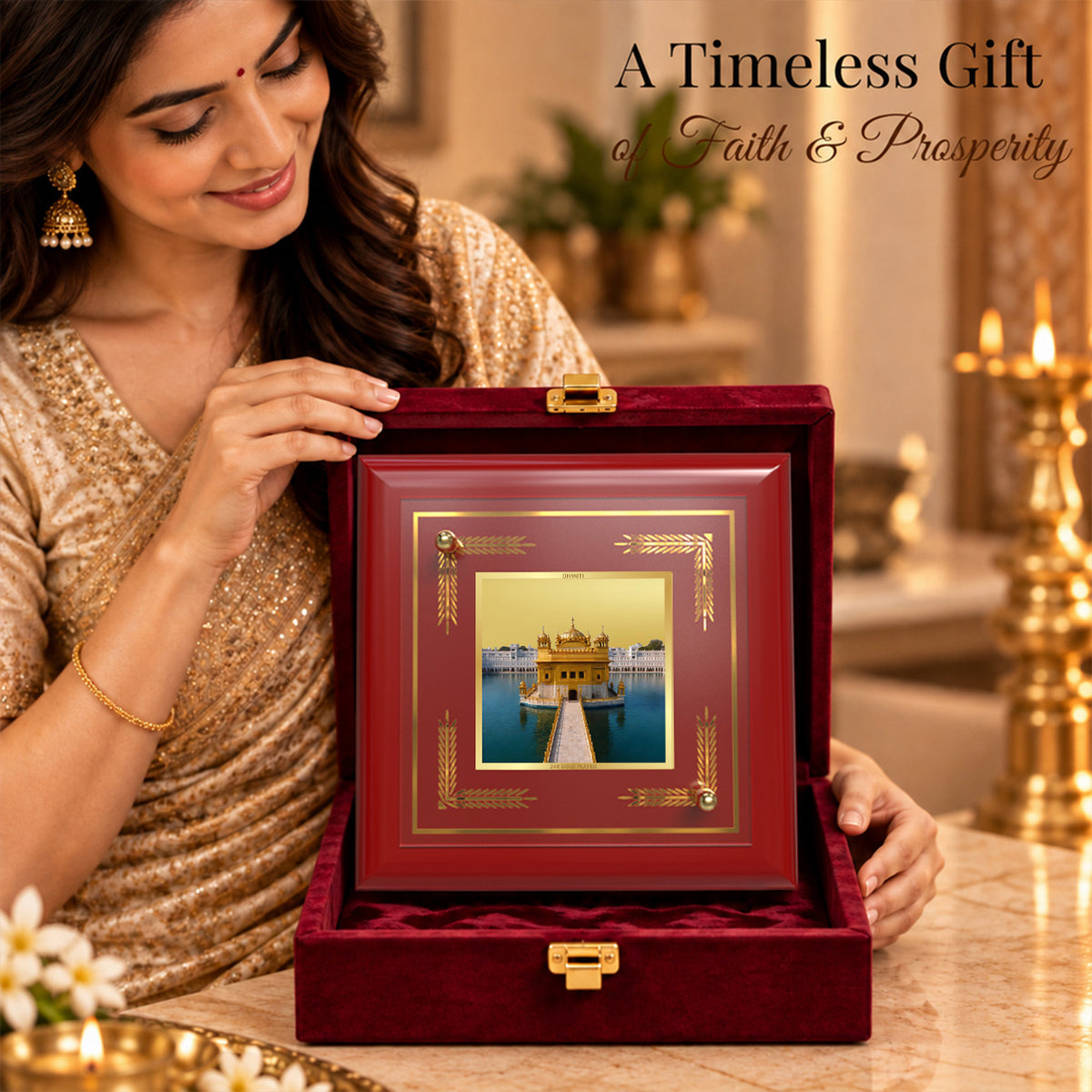 24K Gold-Plated Golden Temple MDF Frame | Premium Gift Box | 10x10 CM