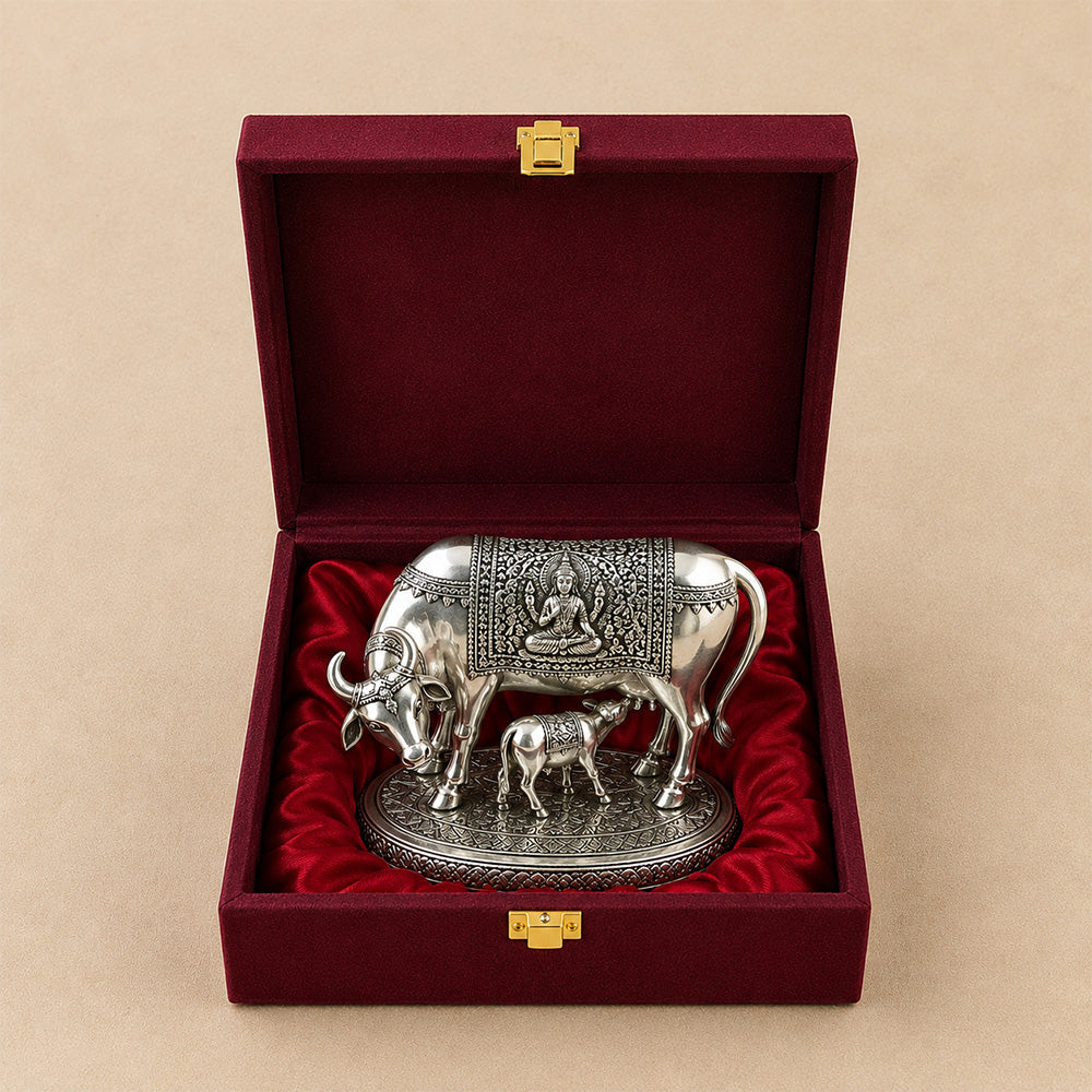 Diviniti 999 Silver Plated Kamdhenu Cow Idol with Gift Box | Antique Décor