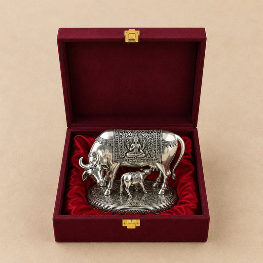 Diviniti 999 Silver Plated Kamdhenu Cow Idol with Gift Box | Antique Décor