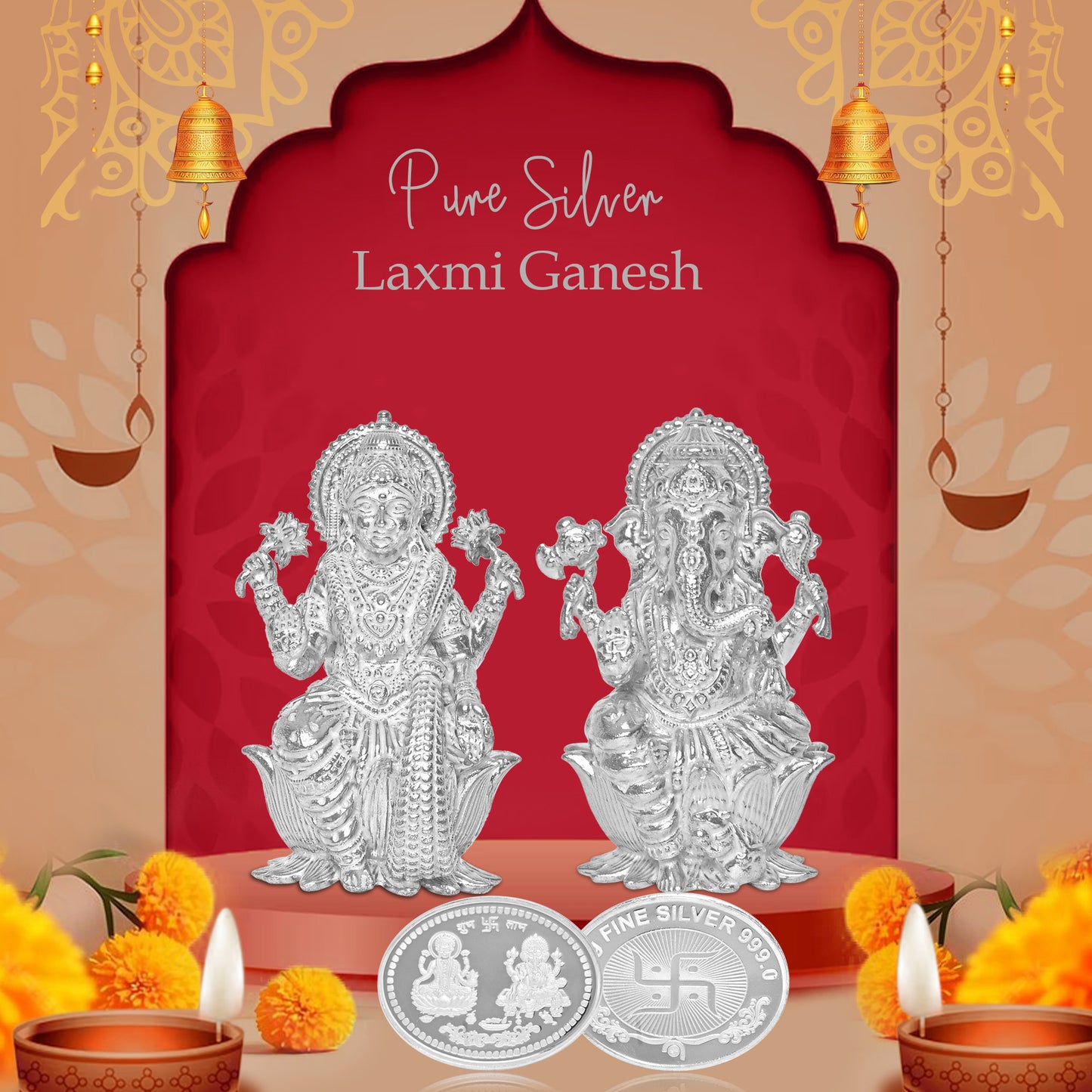 DIVINITI Pure Silver Coin Laxmi Ganesh & Swastik Symbol of Wealth and Blessings for Home & Office Décor, Puja Room Diwali Gift (50g)