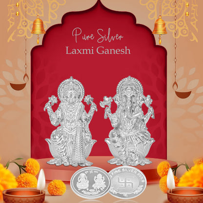 DIVINITI Pure Silver Coin Laxmi Ganesh & Swastik Symbol of Wealth and Blessings for Home & Office Décor, Puja Room Diwali Gift (50g)