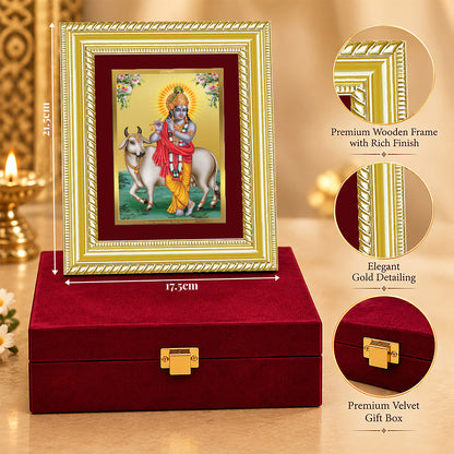 24K Gold-Plated Lord Krishna with Surbhi Cow Frame | Premium Gift Box | 21.5x17.5 CM
