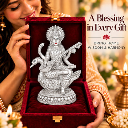 999 Silver-Plated Goddess Saraswati Idol | Premium Gift Box | 21x18 CM