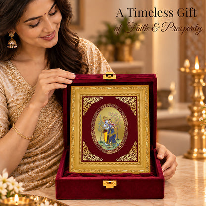 24K Gold-Plated Radha Krishna with Peacock Frame | Premium Gift Box | 16x13.5 CM