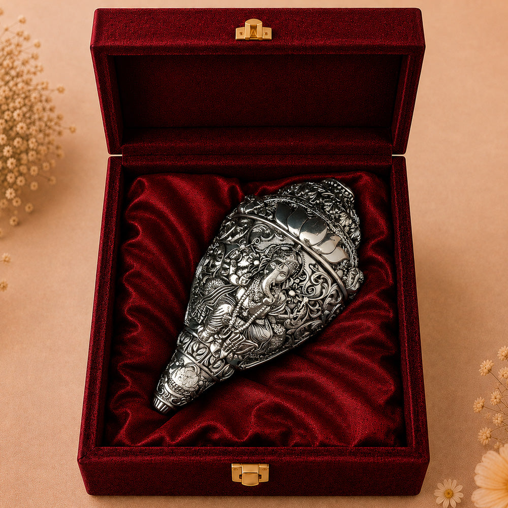 999 Silver-Plated Antique Ganesha Shankh | Premium Gift Box | 14x8 CM