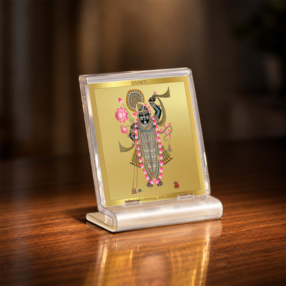 24K Gold-Plated Lord Shrinath Ji Acrylic Car Dashboard Frame | 6x5 CM
