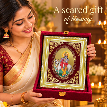 24K Gold-Plated Krishna with Surbhi Cow Frame | Premium Gift Box | 26x20 CM