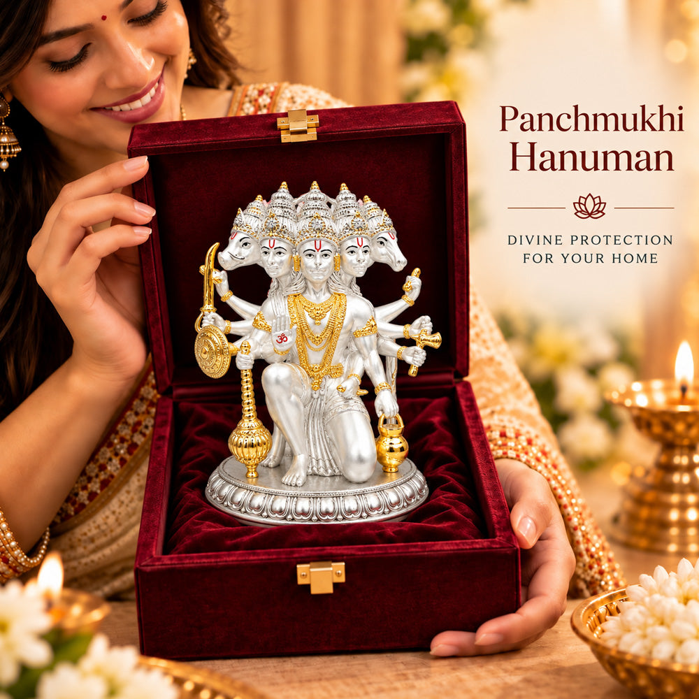 999 Silver-Plated Dual-Tone Panchmukhi Hanuman Idol | Premium Gift Box | 17.5x12 CM