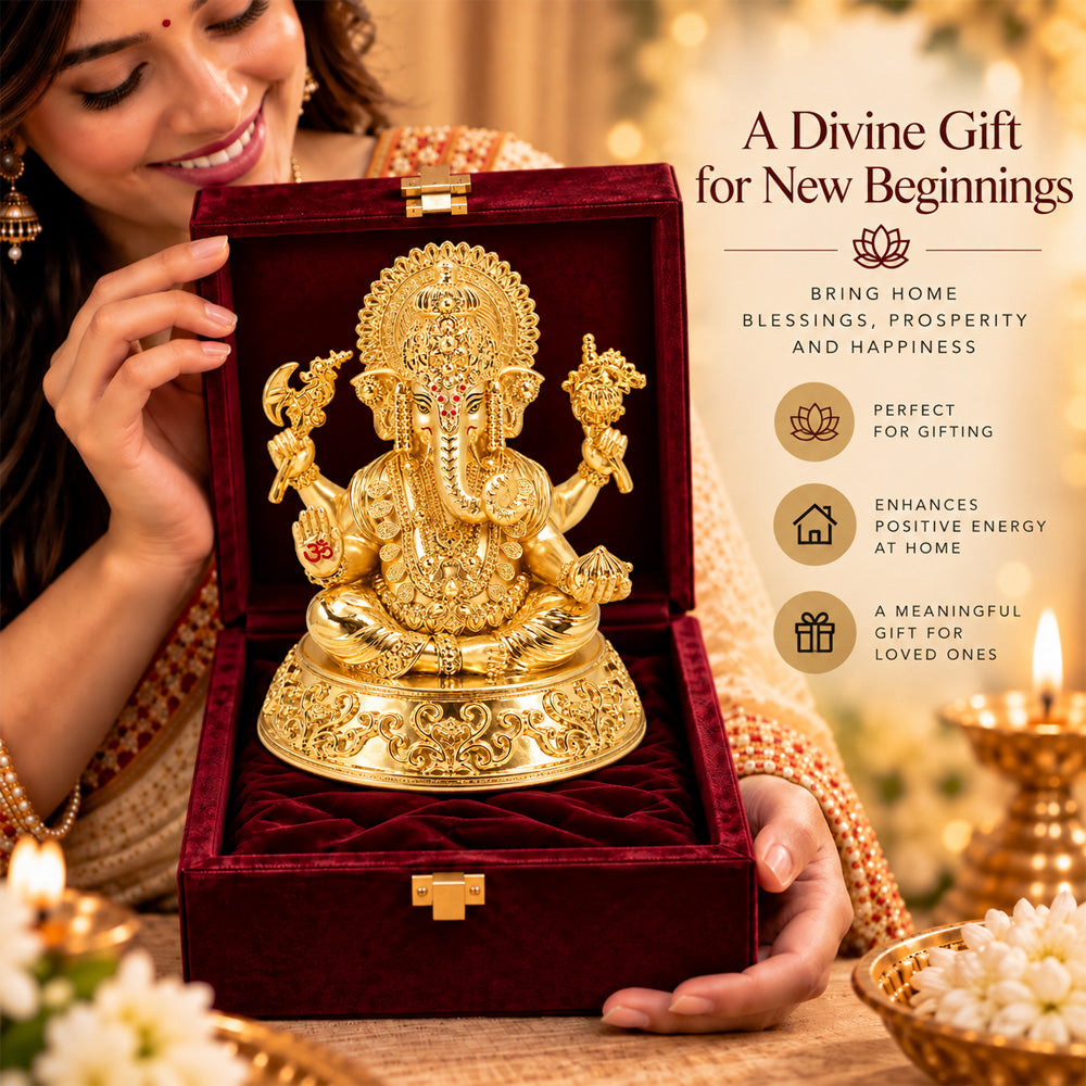 24K Gold-Plated Lord Ganesha Idol | Premium Gift Box | 14.5x11.5 CM