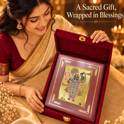 24K Gold-Plated Lord Shrinath Ji MDF Frame | Premium Gift Box | 27x35 CM