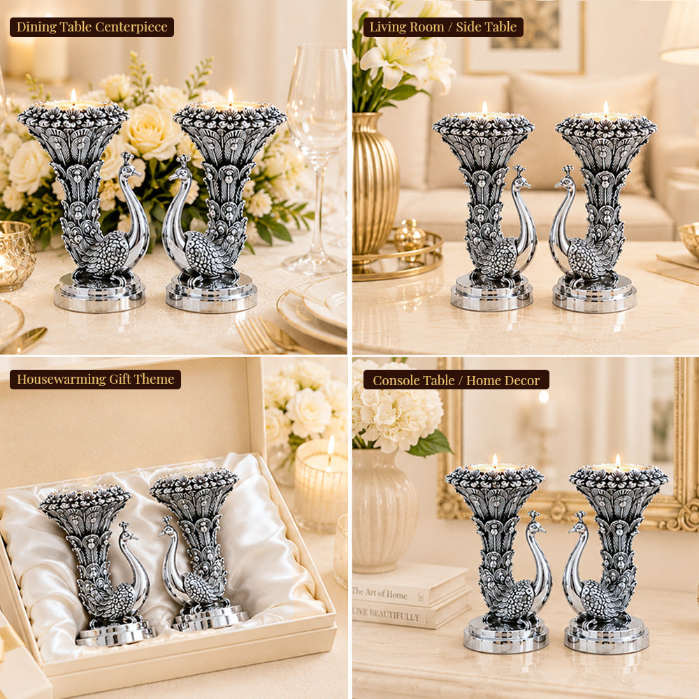 999 Silver-Plated Antique Peacock Candle Holder Pair | Premium Gift Box | 10x8 CM