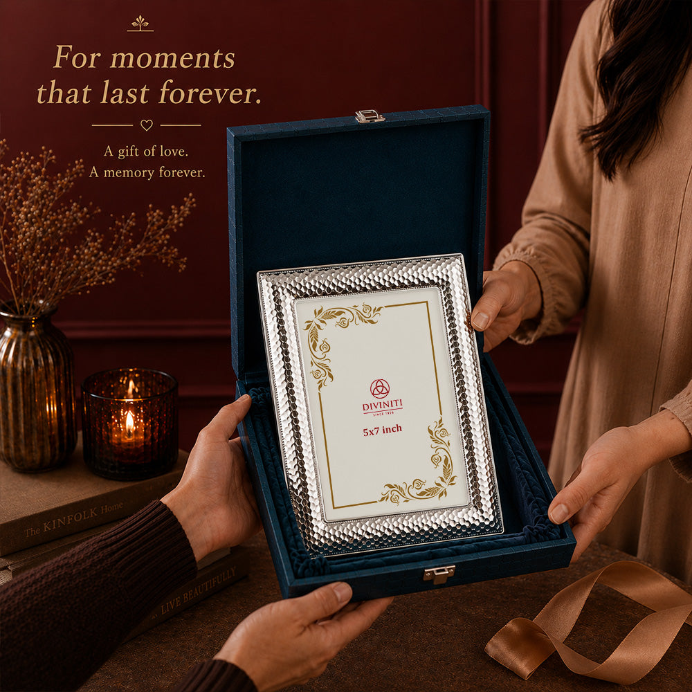 Diviniti Silver-Plated Decorative Photo Frame | Premium Textured Tabletop Frame | 13 x 18 cm