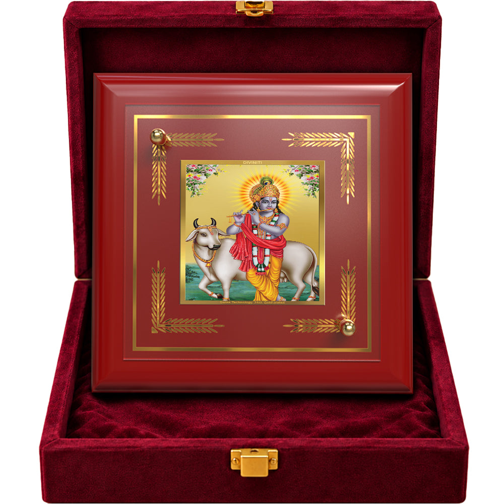 24K Gold-Plated Lord Krishna with Surbhi Cow MDF Frame | Premium Gift Box | 10x10 CM