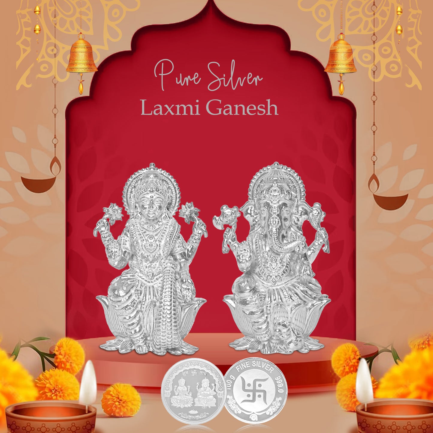 Pure Silver Coin Laxmi Ganesh & Swastik Symbol of Prosperity and Blessings for Home & Office Décor, Puja Room Diwali Gift (100g)
