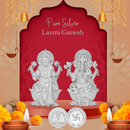 Pure Silver Coin Laxmi Ganesh & Swastik Symbol of Prosperity and Blessings for Home & Office Décor, Puja Room Diwali Gift (100g)