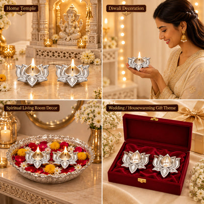 999 Silver-Plated Lotus Diya Pair | Premium Gift Box | 8x8 CM