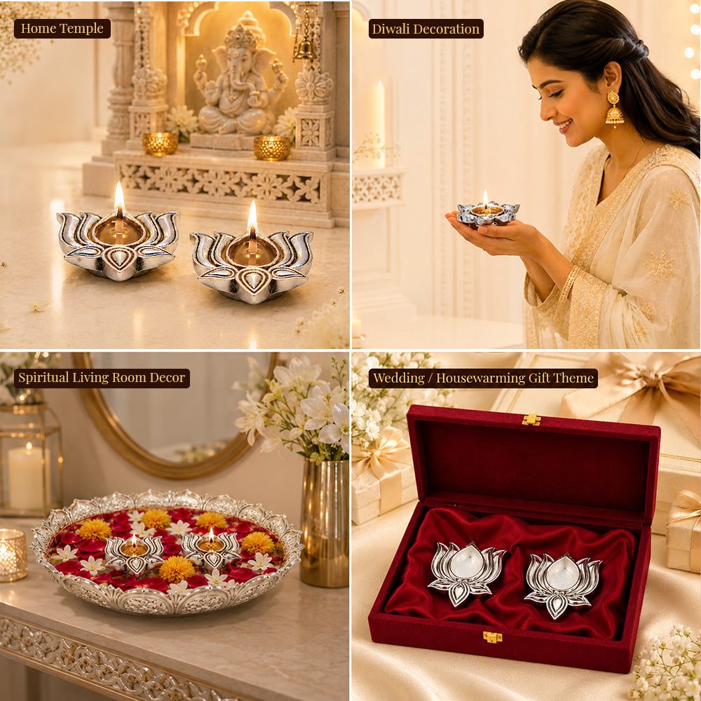 Diviniti 999 Silver Plated Lotus Diya Set of 2 with Luxury Gift Box | Antique Finish Home & Festive Décor