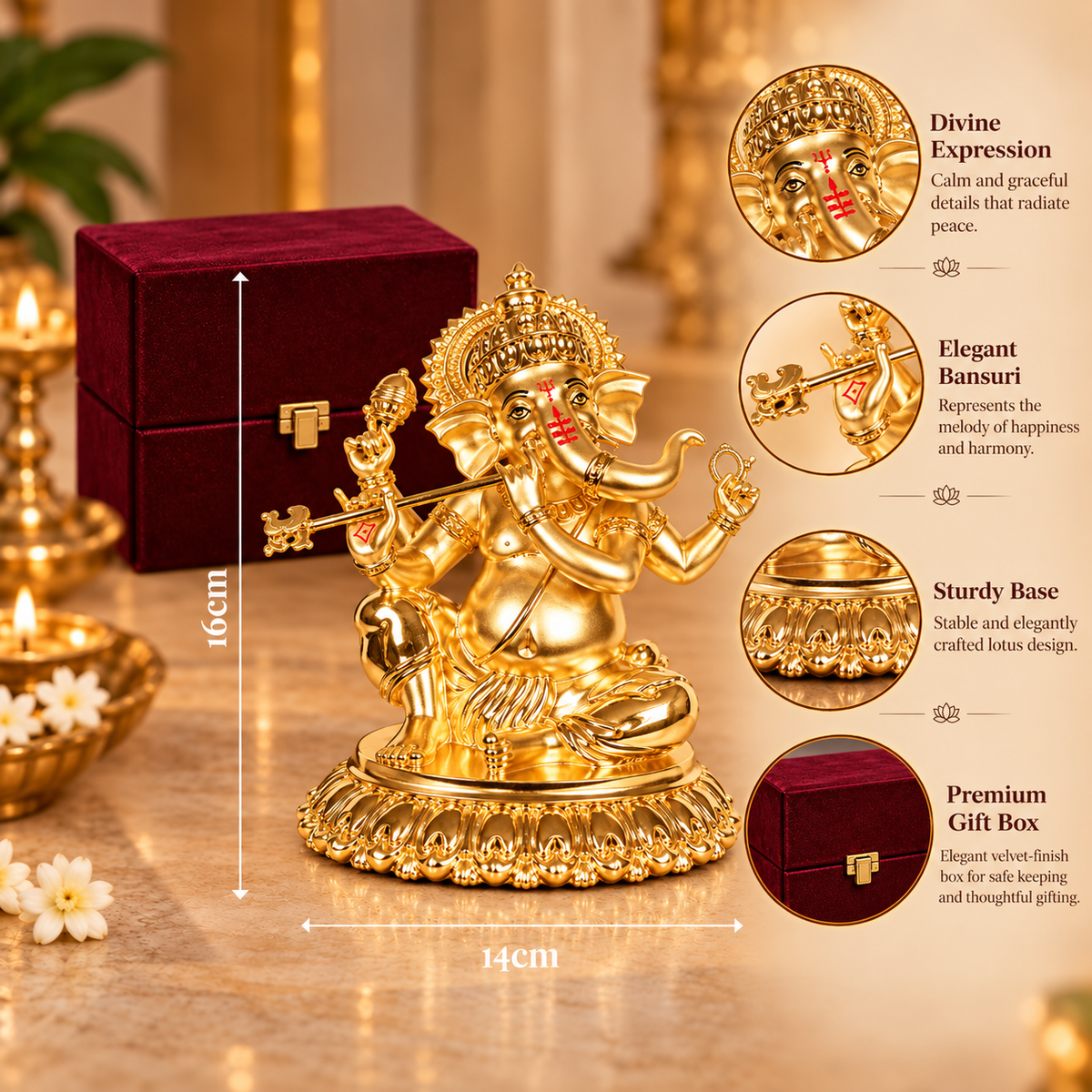 24K Gold-Plated Bansuri Ganesha Idol | Premium Gift Box | 16x14 CM