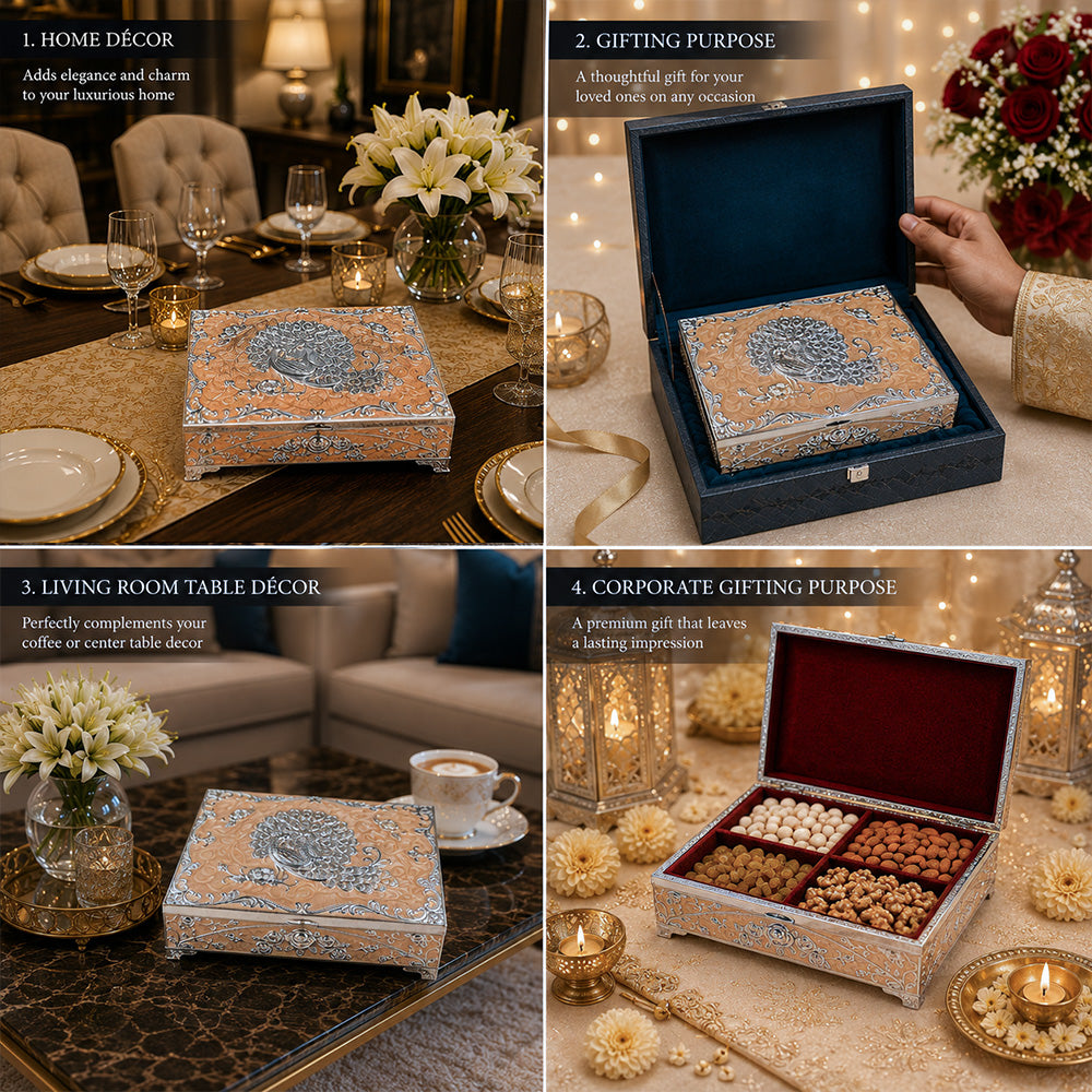 Diviniti German Silver Peacock Decorative Box 4-in-1 with Luxury Gift Box – Peach Finish
