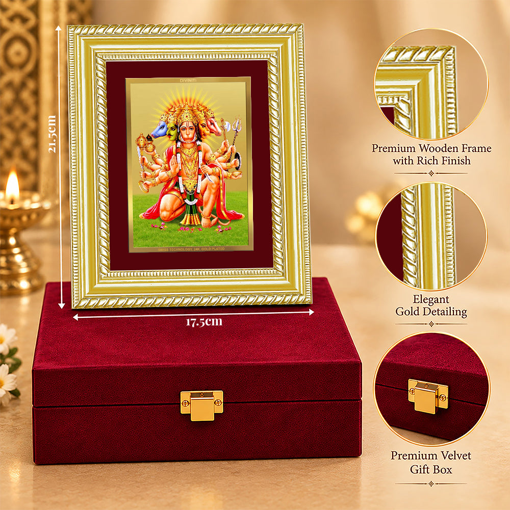 24K Gold-Plated Panchmukhi Hanuman Frame | Premium Gift Box | 21.5x17.5 CM