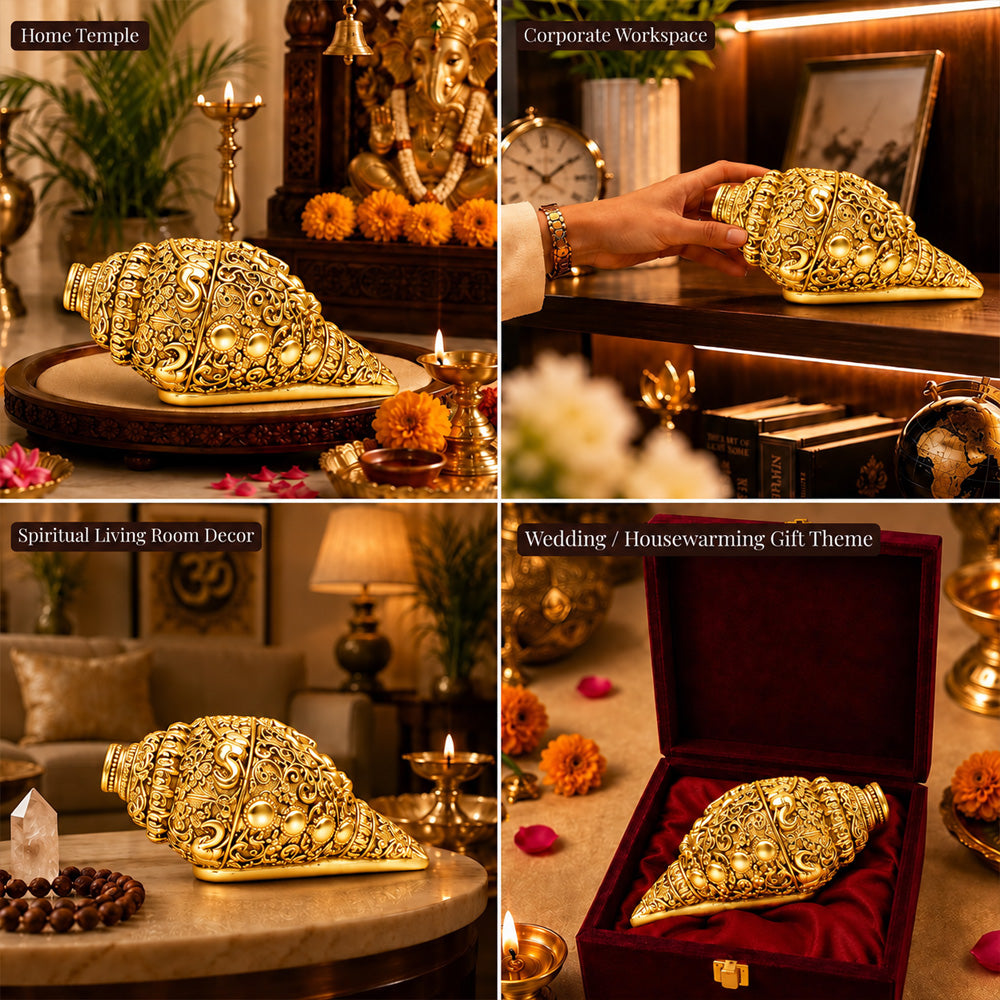 24K Gold-Plated Ganesha Shankh | Premium Gift Box | 12x6 CM