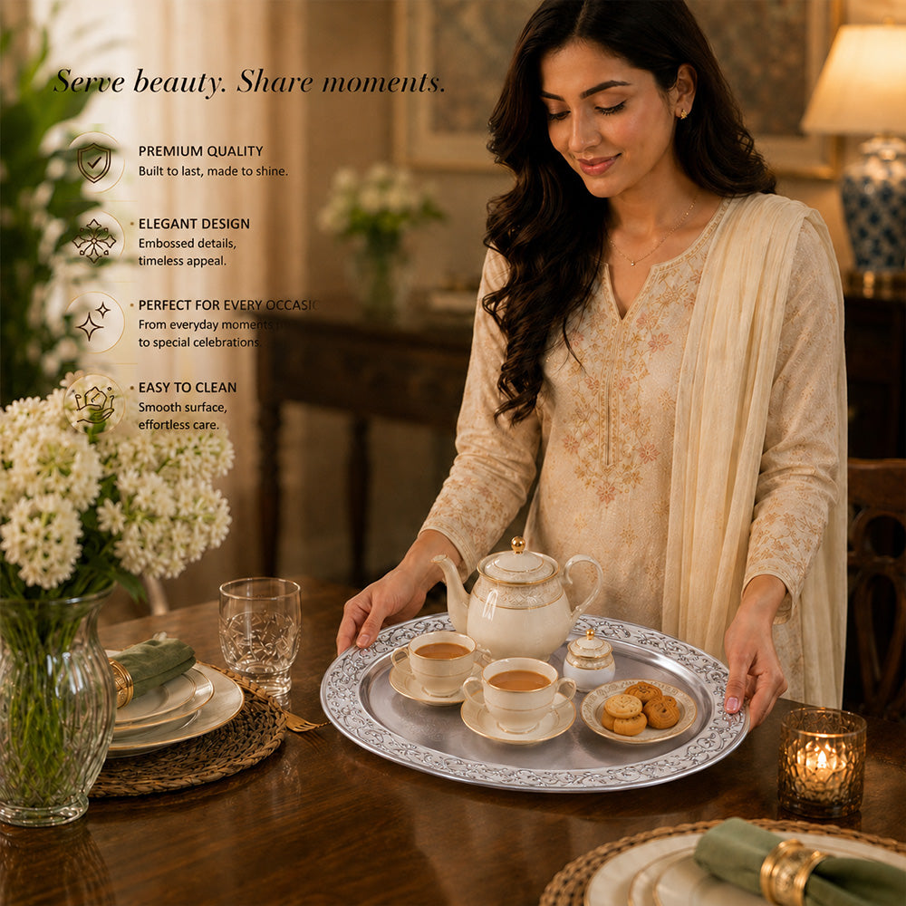 Diviniti Silver-Plated Oval Decorative Tray with White Enamel Accents | Luxury Serving Platter for Dry Fruits, Sweets & Premium Gifting