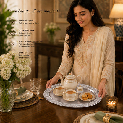 Diviniti Silver-Plated Oval Decorative Tray with White Enamel Accents | Luxury Serving Platter for Dry Fruits, Sweets & Premium Gifting
