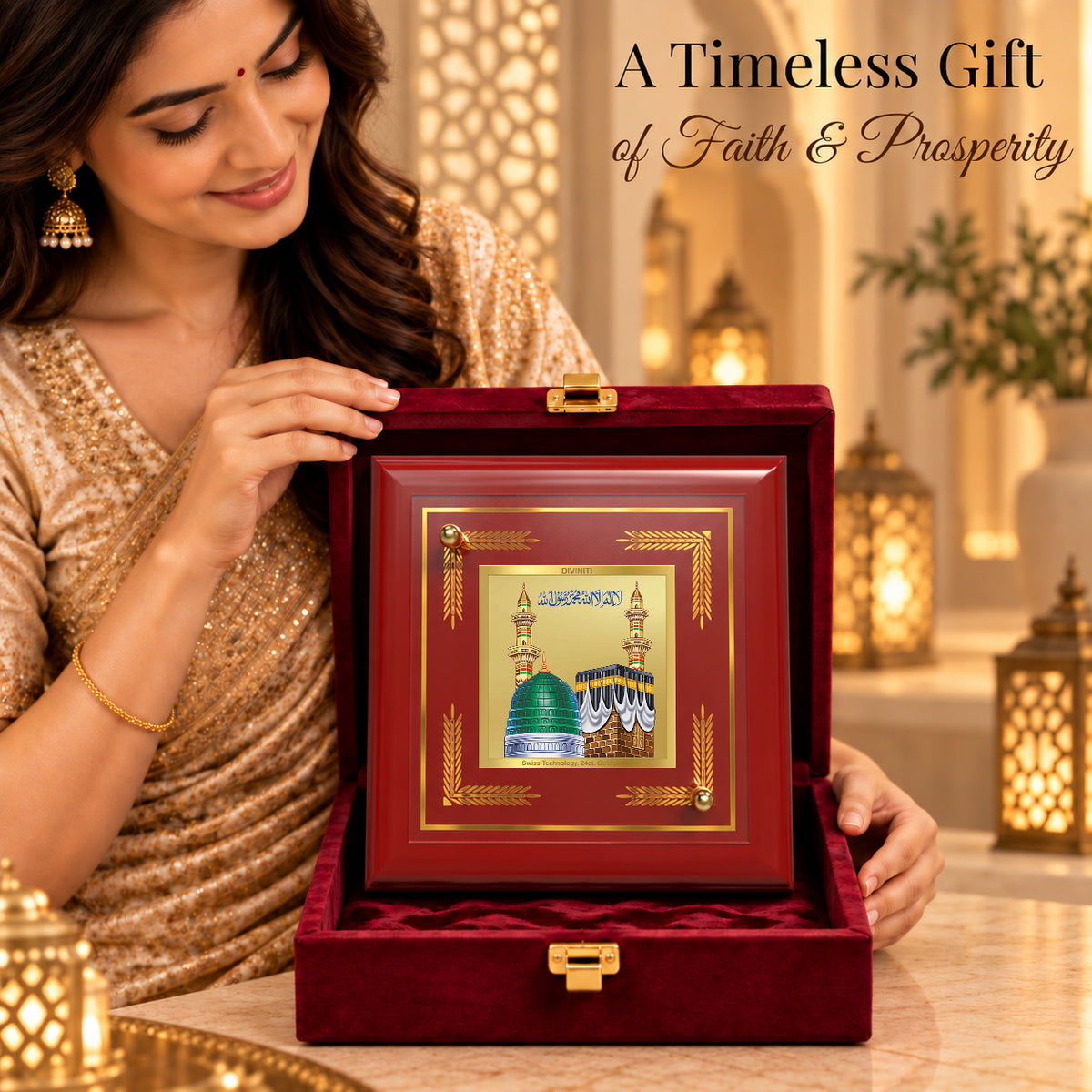 24K Gold-Plated Mecca Madina MDF Frame | Premium Gift Box | 10x10 CM