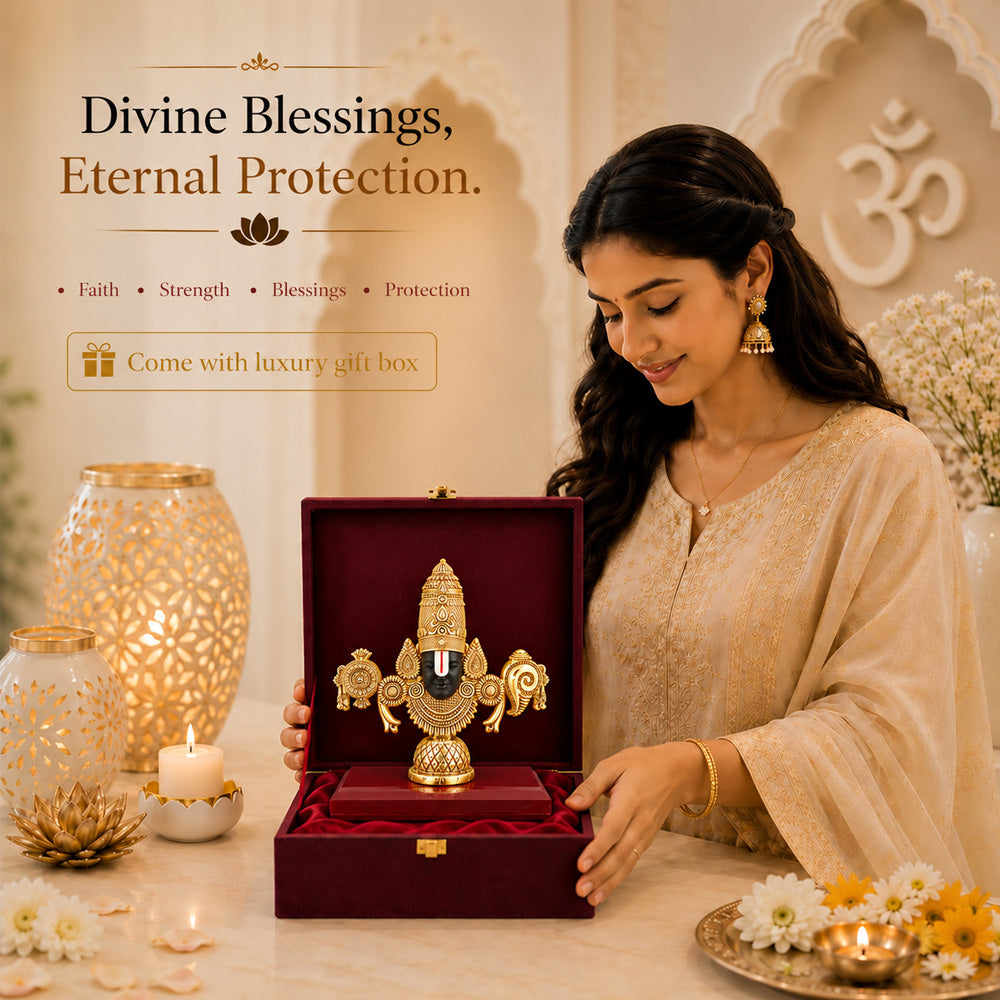 24K Gold-Plated Lord Tirupati Balaji Idol | Premium Gift Box | 13x14 CM