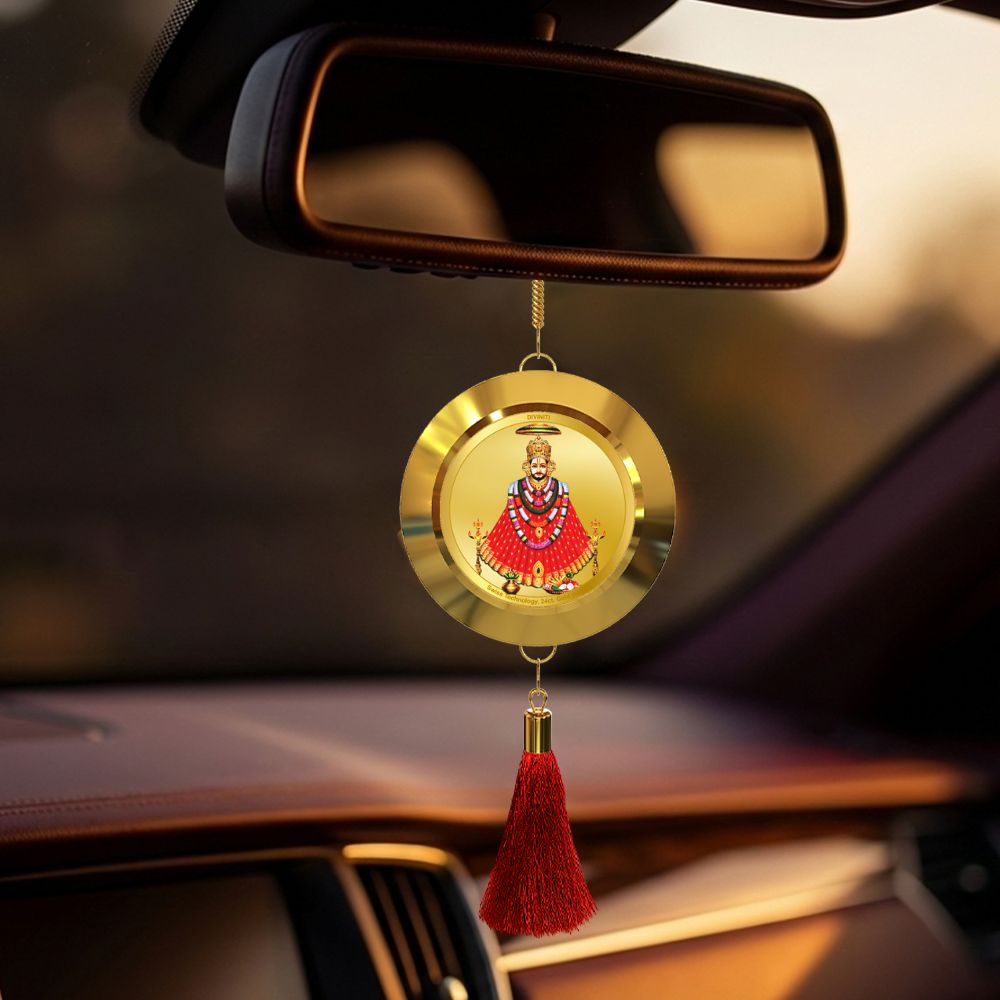 Diviniti 24K Gold Plated Double-Sided Khatu Shyam & Mantra Car Dangler (5.5 cm) | Divine Hanging Car Decor for Protection, Positive Energy & Spiritual Blessings