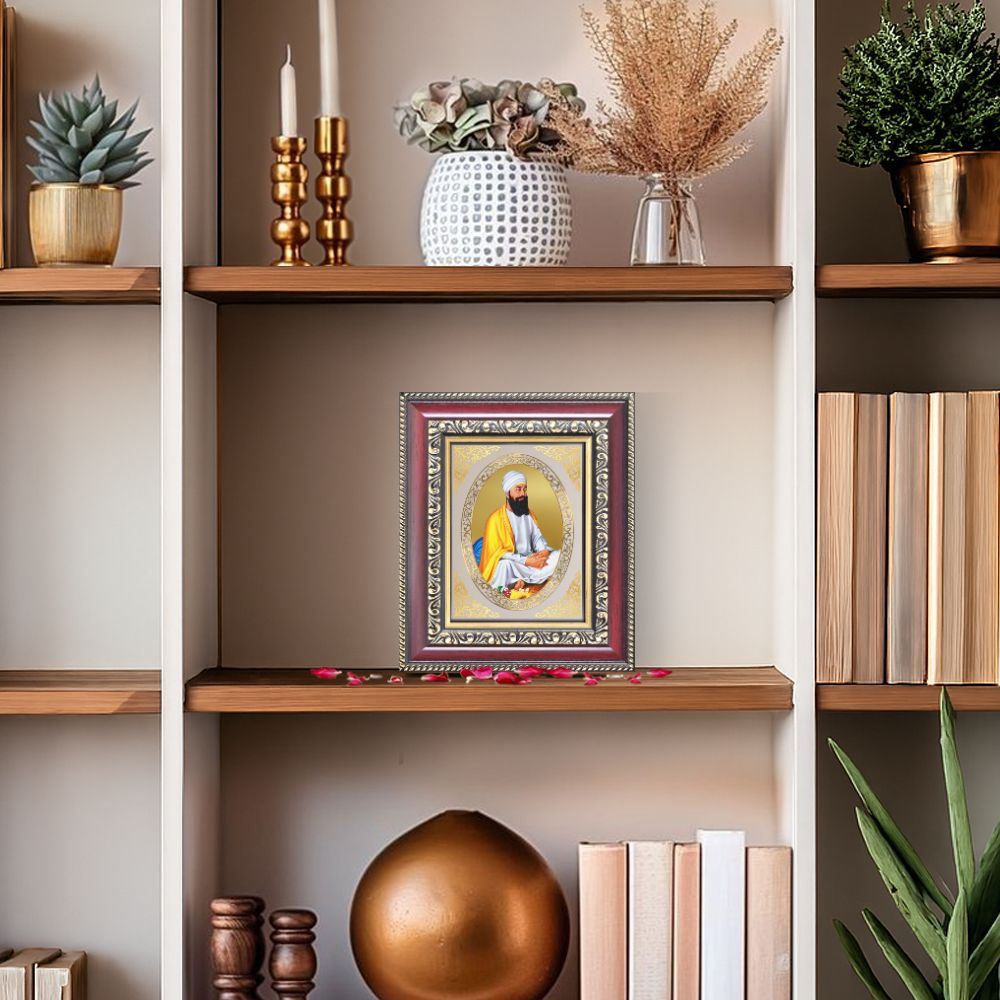 Guru Tegh Bahadur Sahib Ji Divine Sikh Guru Sacred Courage & Sacrifice Royal Tabletop Frame in 24K Gold Plated Foil