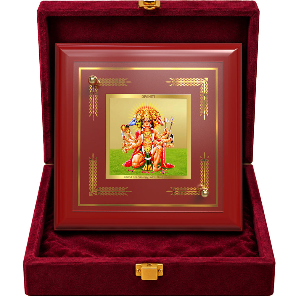 24K Gold-Plated Panchmukhi Hanuman MDF Frame | Premium Gift Box | 10x10 CM