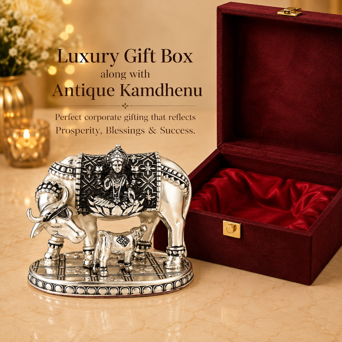 999 Silver-Plated Antique Kamdhenu Cow Idol | Premium Gift Box | 16x22 CM