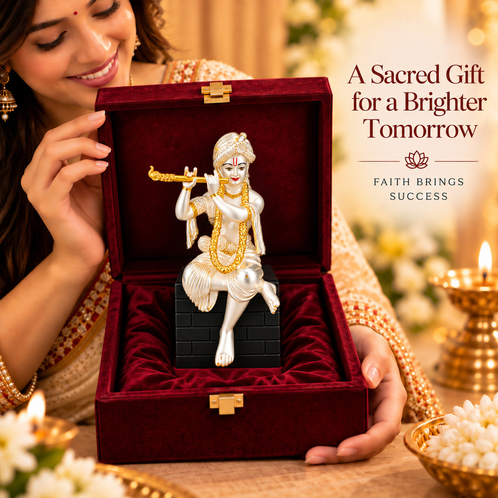 999 Silver-Plated Dual-Tone Lord Krishna Idol | Premium Gift Box | 16x9 CM