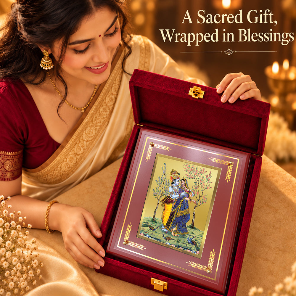 24K Gold-Plated Radha Krishna with Peacock MDF Frame | Premium Gift Box | 27x35 CM