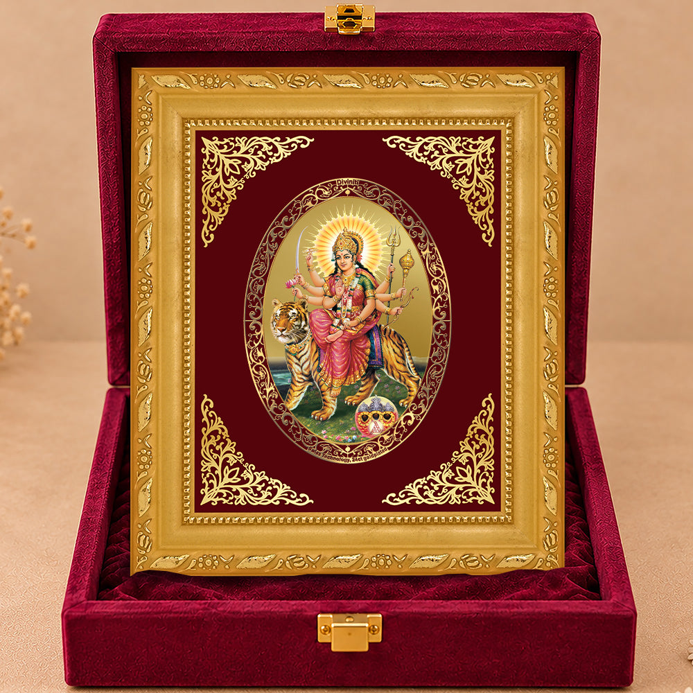 24K Gold-Plated Durga Sherawali Mata with Pindi Frame | Premium Gift Box | 16x13.5 CM