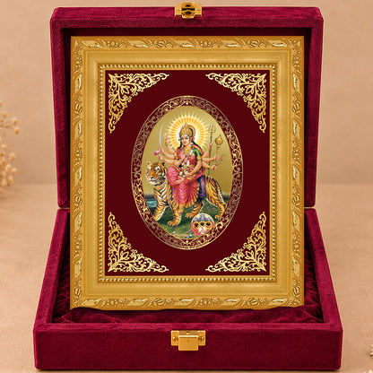 24K Gold-Plated Durga Sherawali Mata with Pindi Frame | Premium Gift Box | 16x13.5 CM