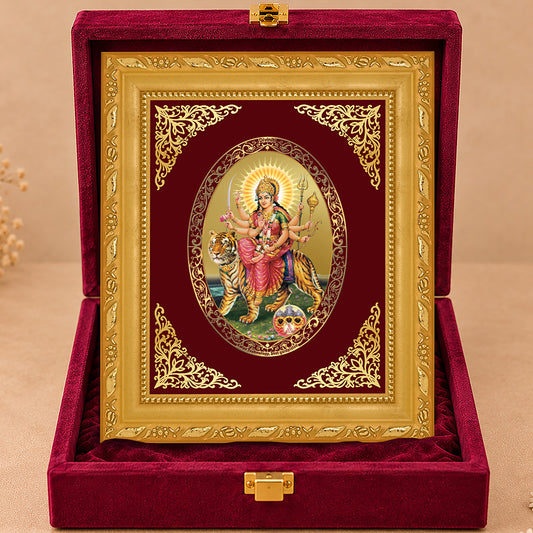 24K Gold-Plated Durga Sherawali Mata with Pindi Frame | Premium Gift Box | 16x13.5 CM