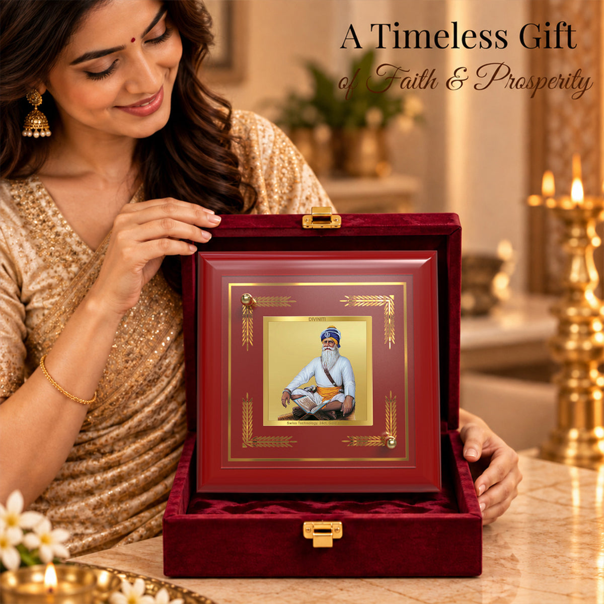24K Gold-Plated Baba Deep Singh MDF Frame | Premium Gift Box | 10x10 CM