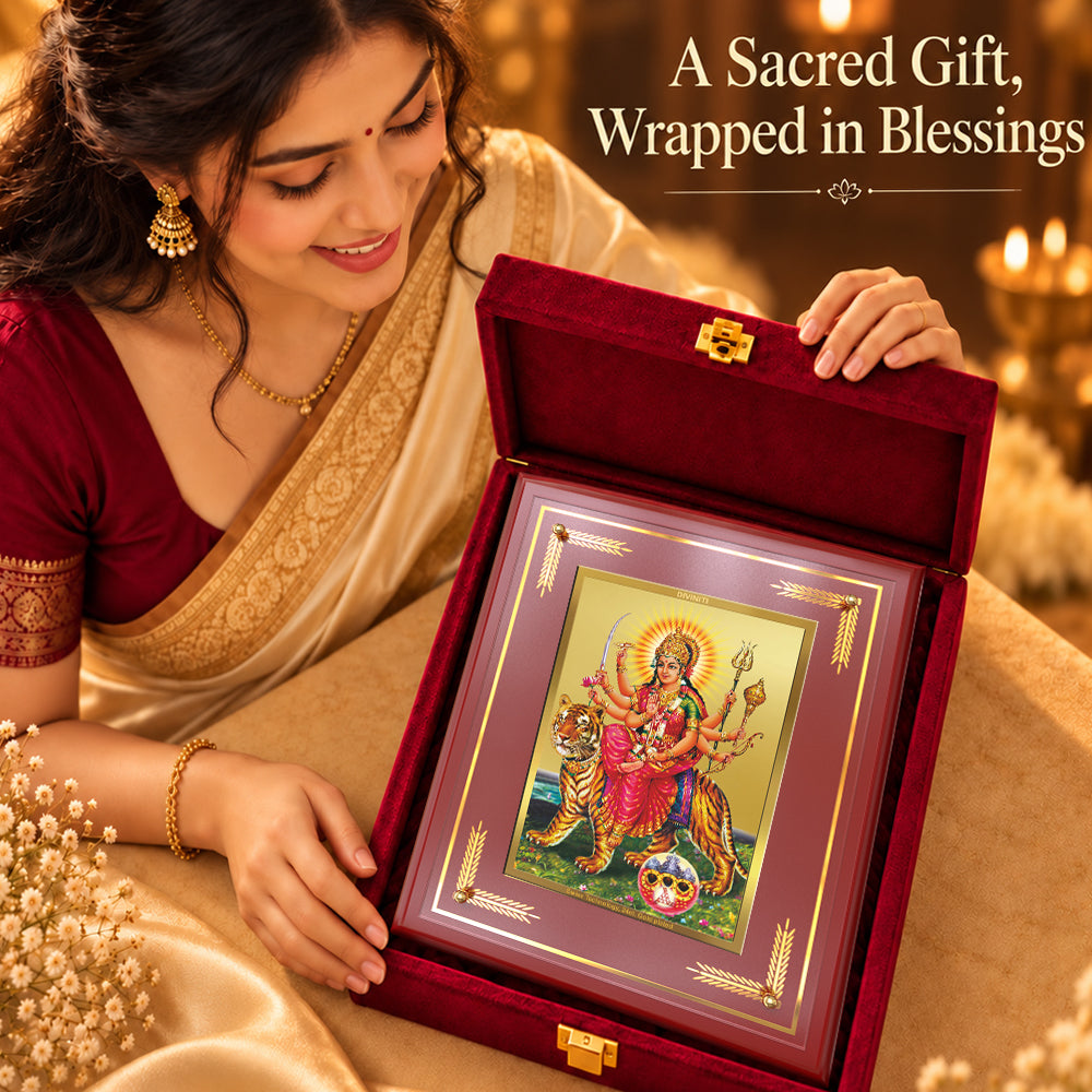24K Gold-Plated Sherawali Mata with Pindi MDF Frame | Premium Gift Box | 27x35 CM