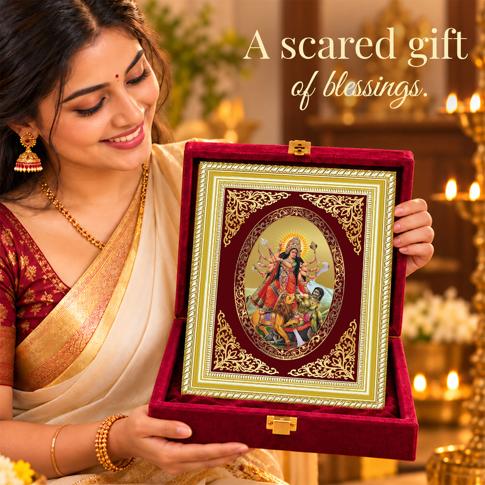 24K Gold-Plated Durga Mahishasura Mardini Frame | Premium Gift Box | 26x20 CM